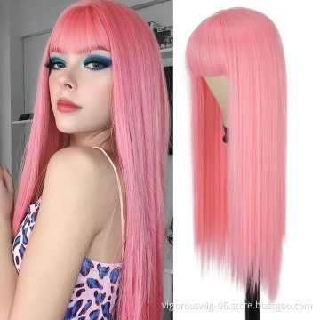 Pink Straight Wigs with Bang Long Wig for Women Cosplay Wig with Bangs Halloween 26 Inch
